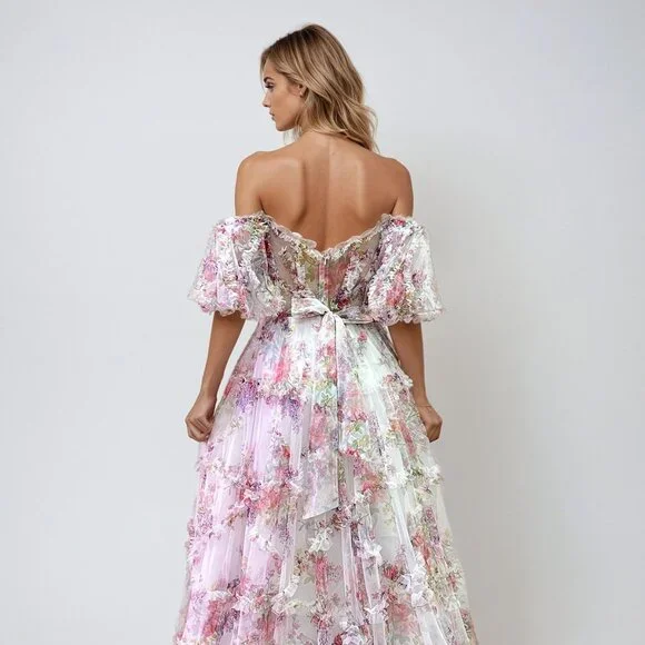 NEW FORMAL SLEEVELESS A-LINE RUCHED FLORAL GOWN W/ OFF SHOULDER SLEEVES JT2887C